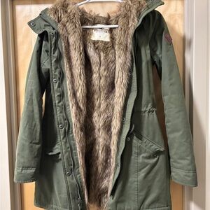Hollister Green Utility Jacket with Faux Fur Lining and Hood